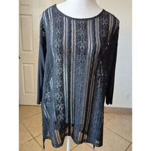 Caravel Womens Blouse Tunic Black 3/4 Sleeve Lace Round Neck L